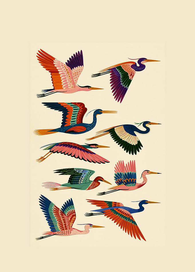 Colorful Artistic Illustration of Flying Herons