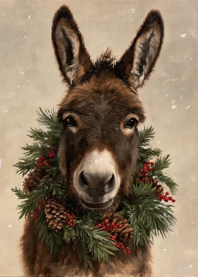 Donkey Wearing a Christmas Wreath