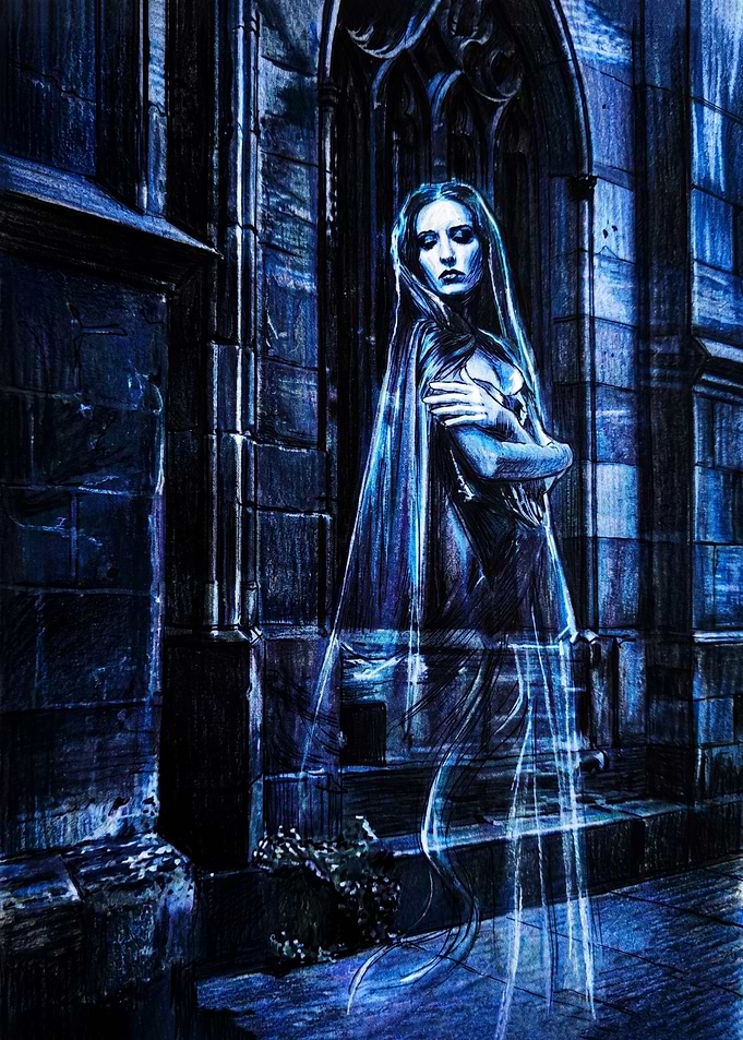 Ethereal Ghostly Woman in Gothic Archway