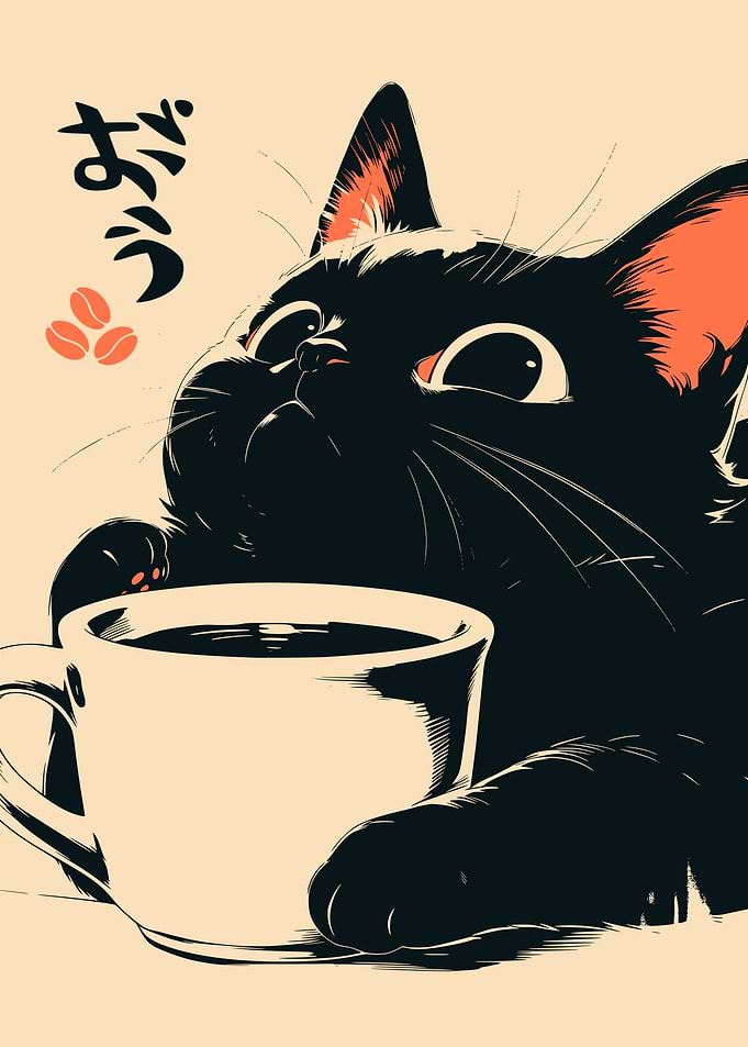 Cute Black Cat Drinking Coffee
