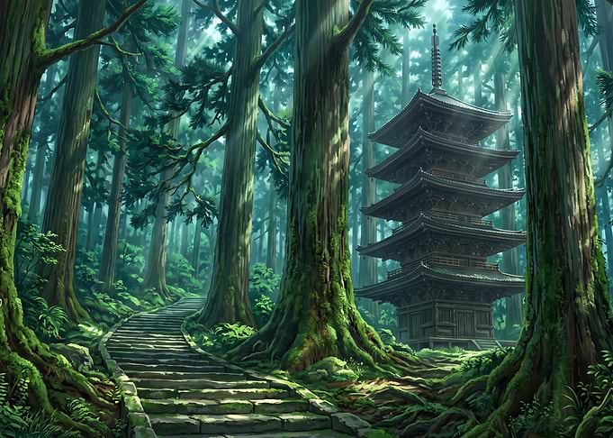 Ancient Pagoda in Lush Forest