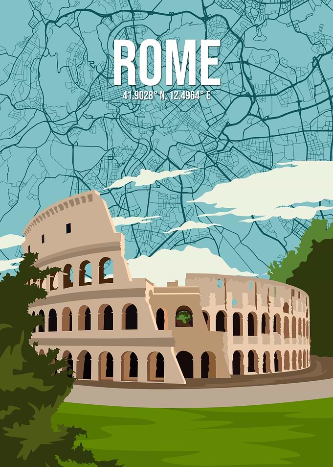 Rome Colosseum Ancient Landmark City Map Retro Minimal Modern Travel Art