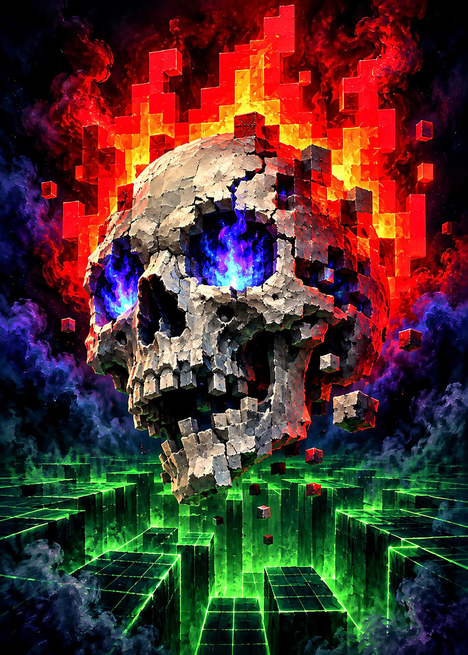 Voxel Skull with Flaming Digital Aura