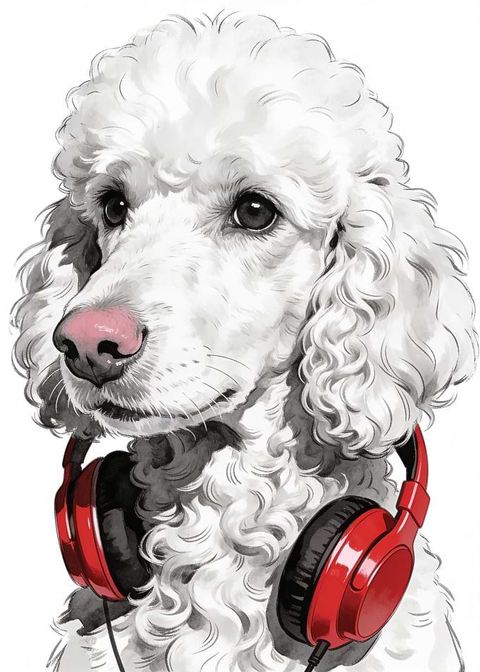 White Poodle Wearing Red Headphones