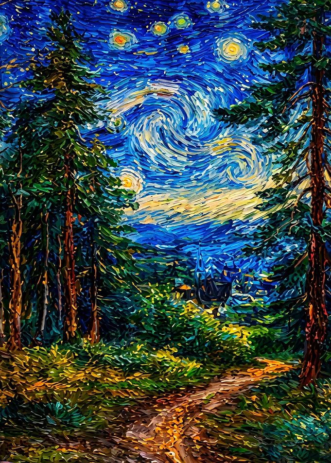 Starry Night Forest Impasto Art