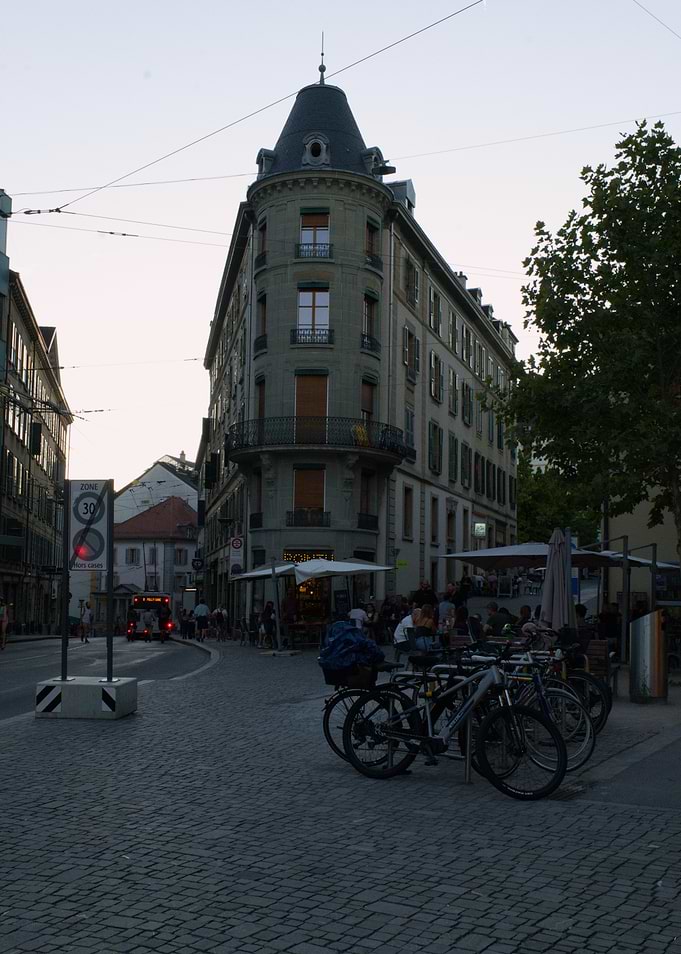 Lausanne City Street Corner at Dusk