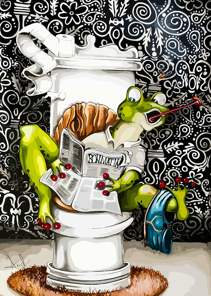 Frog Reading Newspaper on Toilet