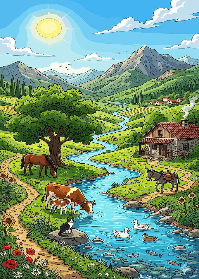 Idyllic Countryside Landscape with Animals