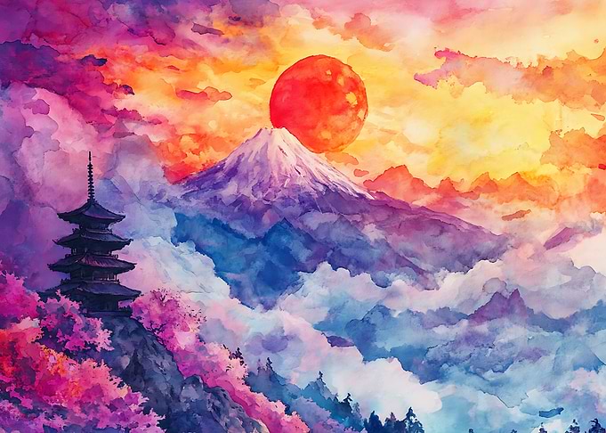 Watercolor Mount Fuji and Pagoda Sunset