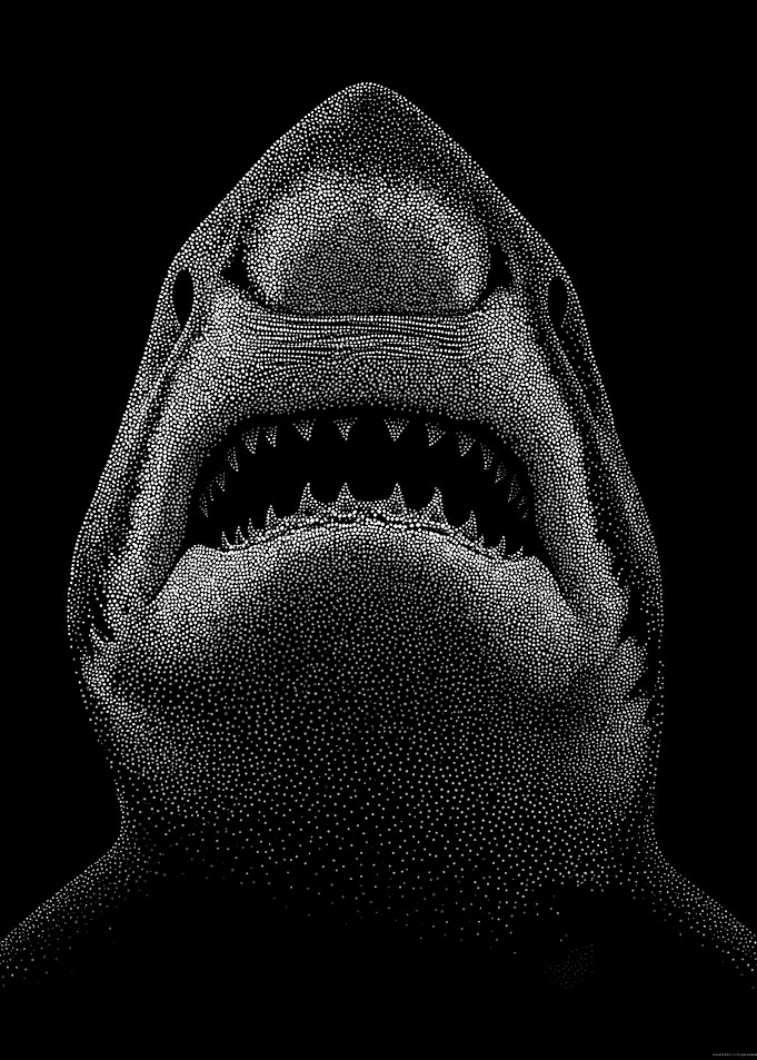 Great White Shark Portrait In Stipple Dotwork