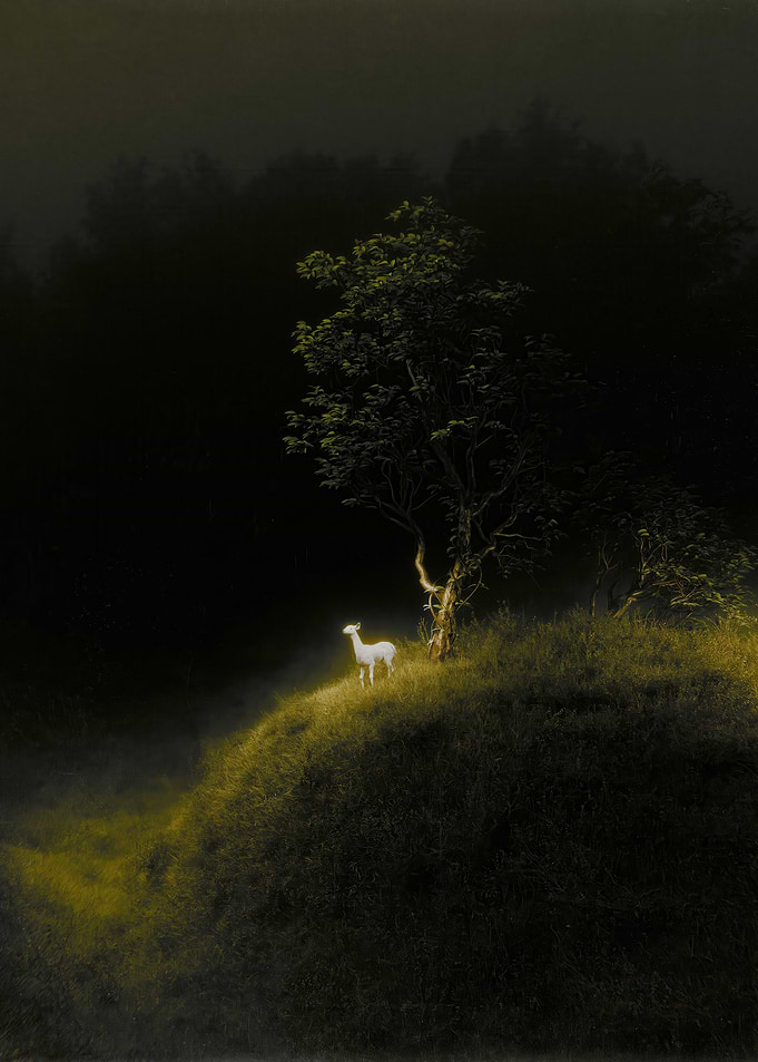 Glowing White Deer in Dark Forest
