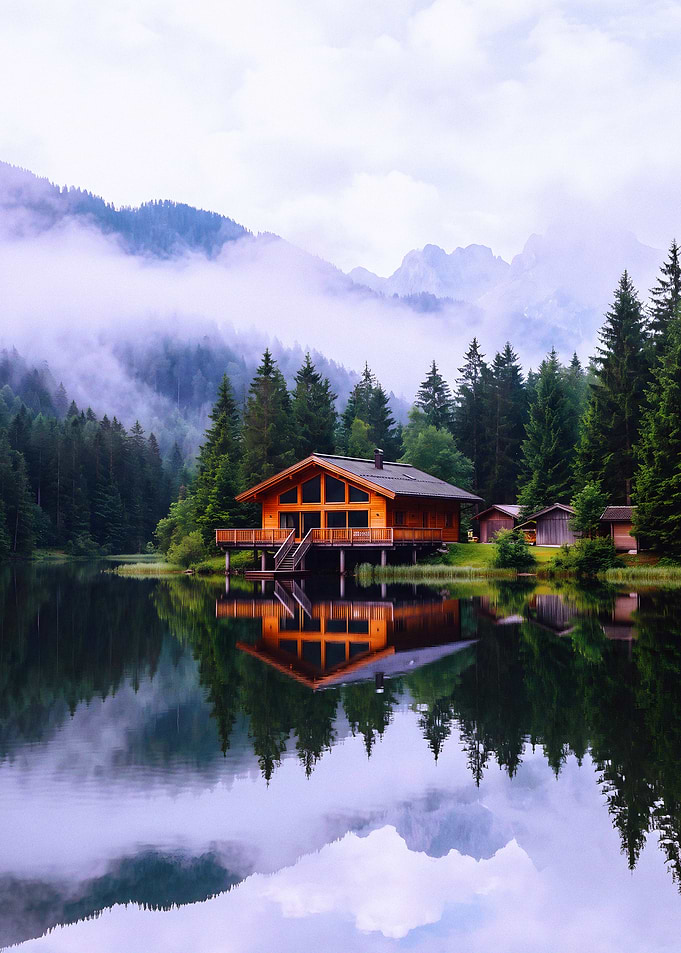 Wooden Cabin by a Misty Lake