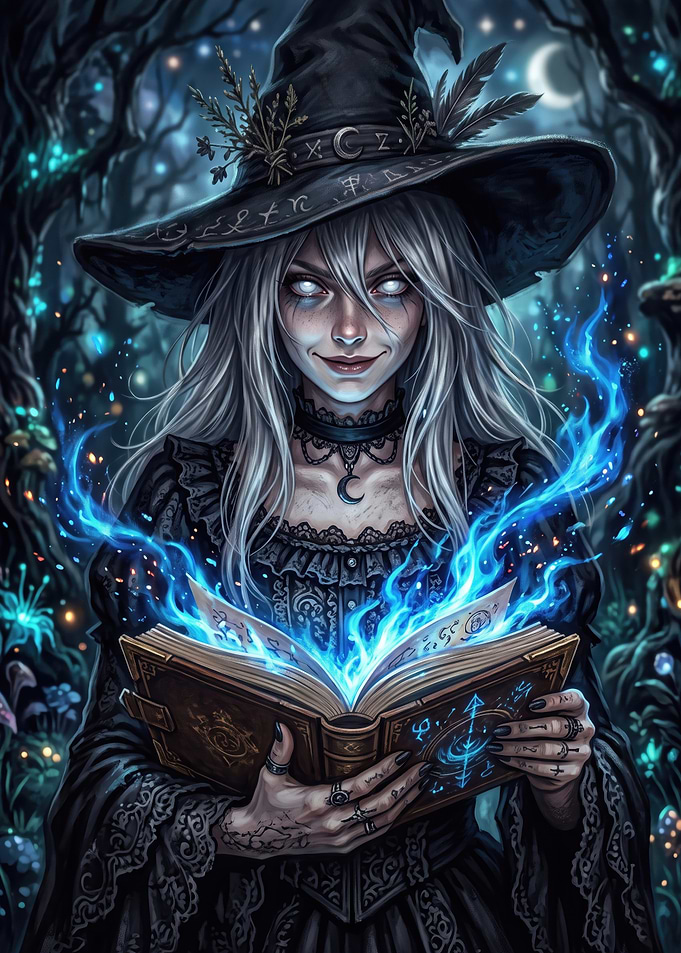 Mystical Witch Casting Spell from Book