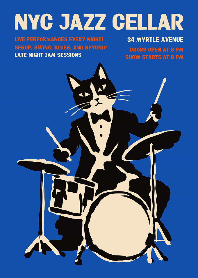 NYC Jazz Cellar Cat Drummer Poster