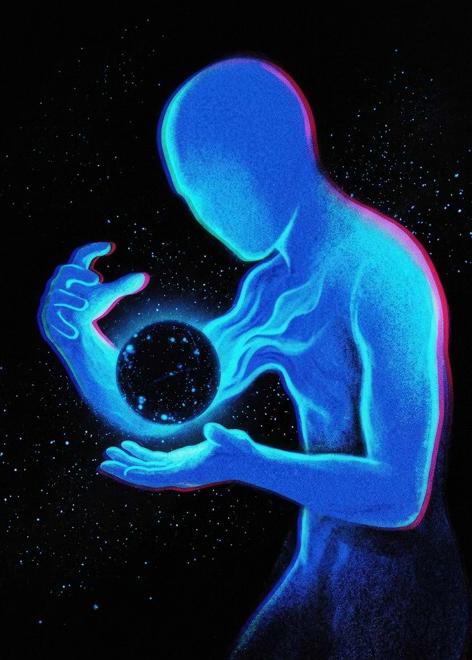 Glowing Cosmic Being Holding a Sphere
