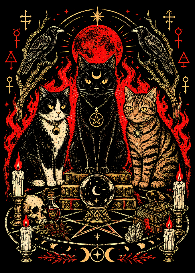 Occult Cats and Crystal Ball Illustration