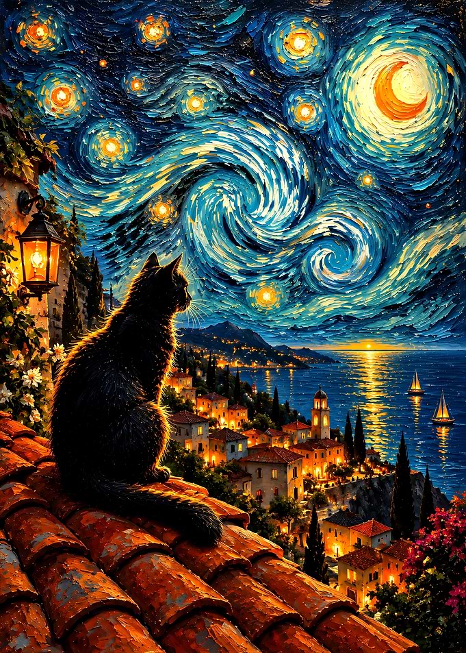 Black Cat Watching Starry Night