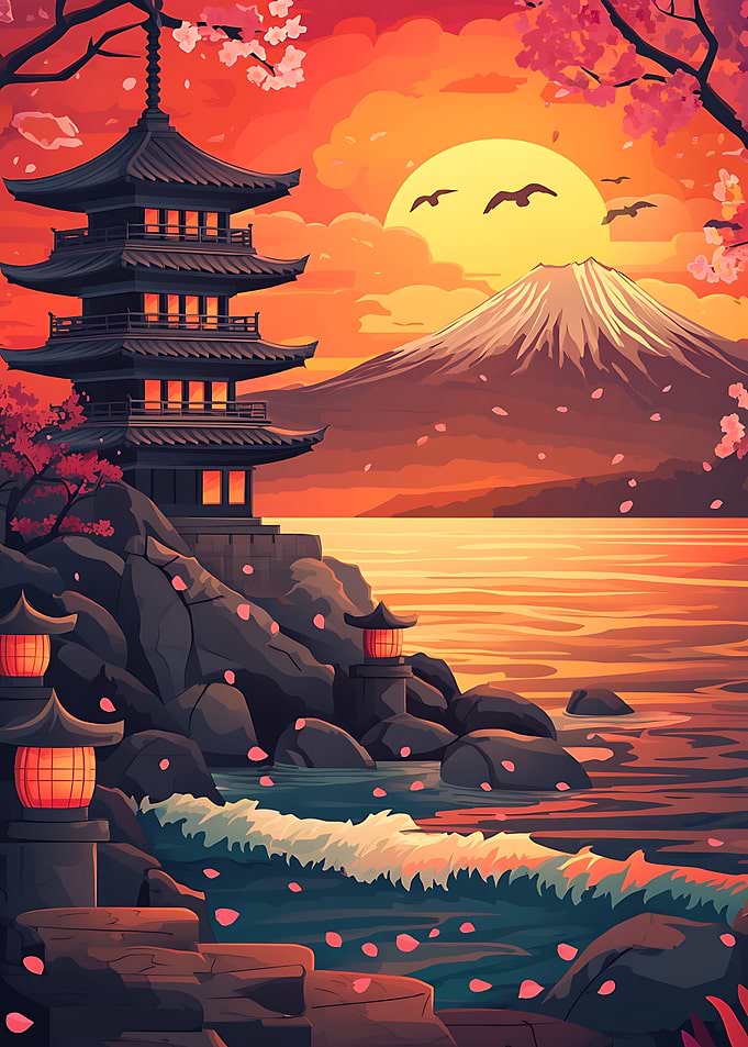 Pagoda and Mount Fuji Sunset