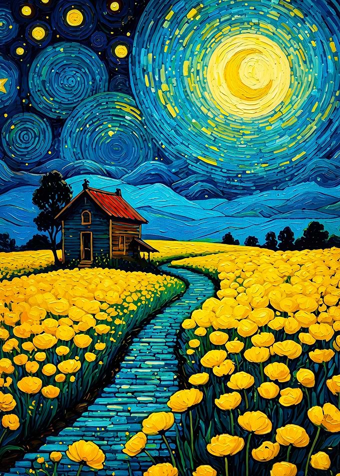 Starry Night Floral Meadow Painting
