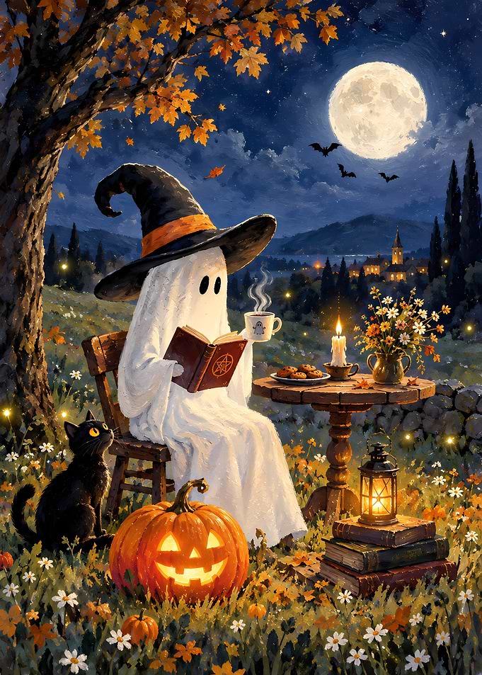 Cozy Ghost Reading Under Full Moon