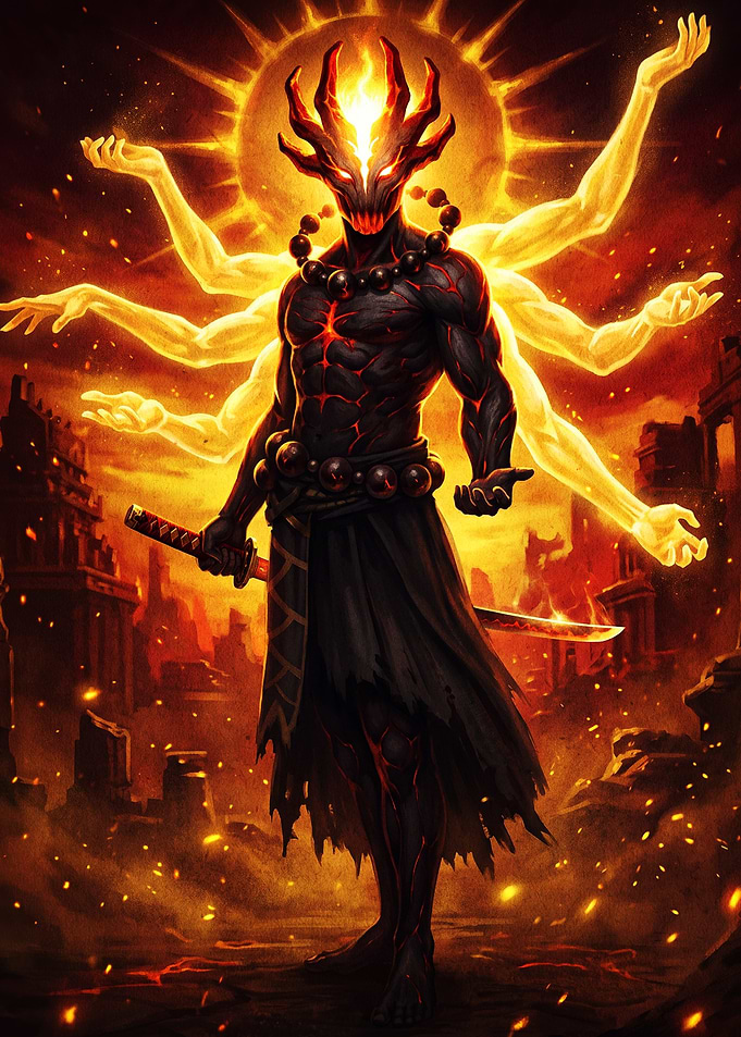 Fiery Multi-Armed Demon Samurai Warrior
