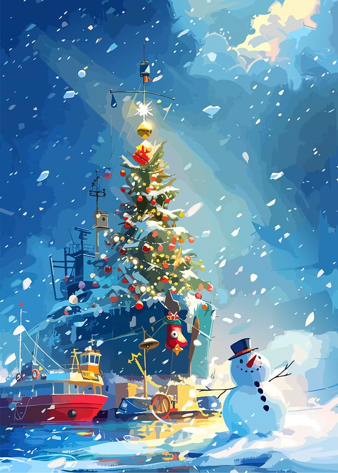 Christmas Ship and Snowman Scene