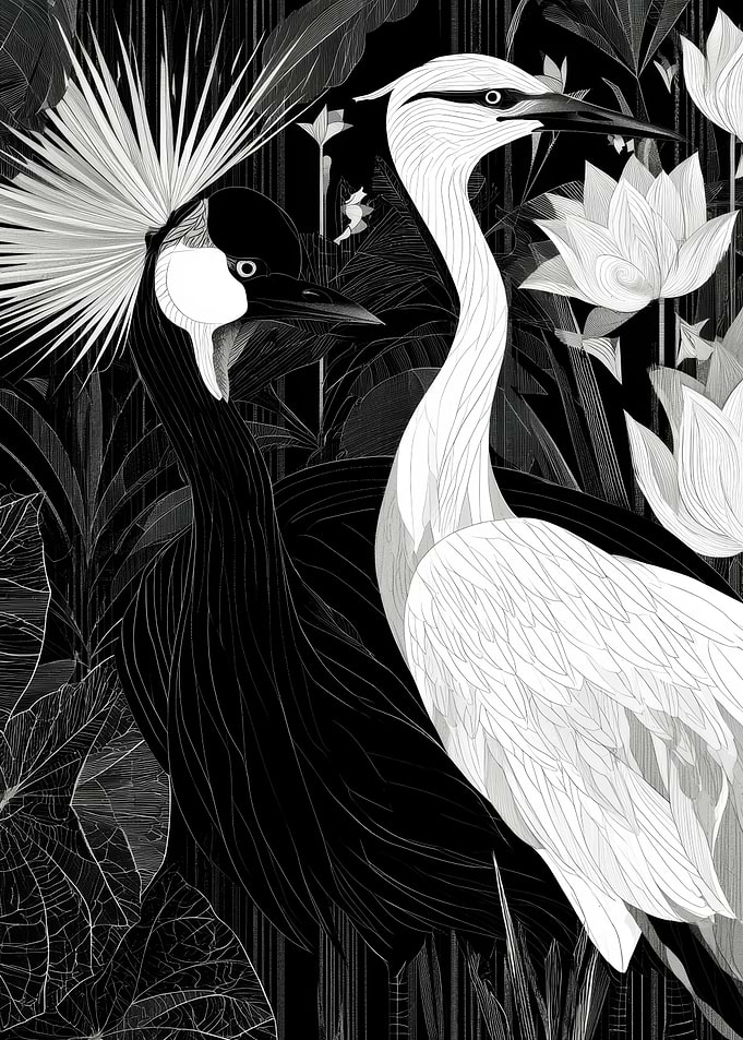 Black and White Crane Illustration