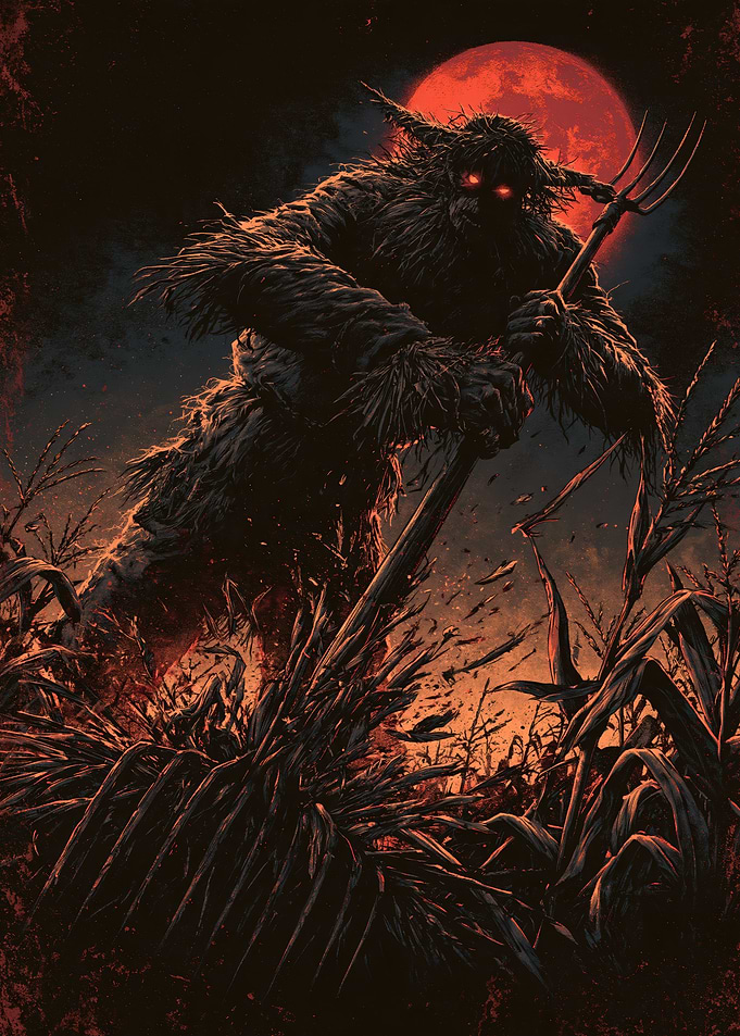 Sinister Scarecrow Monster in Cornfield