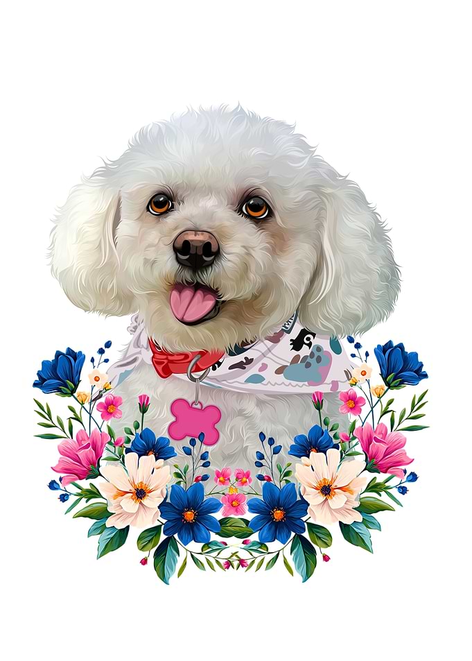 Cute Bichon Frise with Floral Wreath