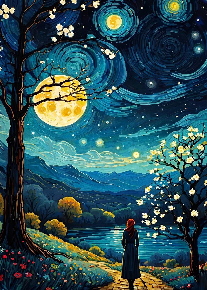 Starry Night Woman Landscape Art