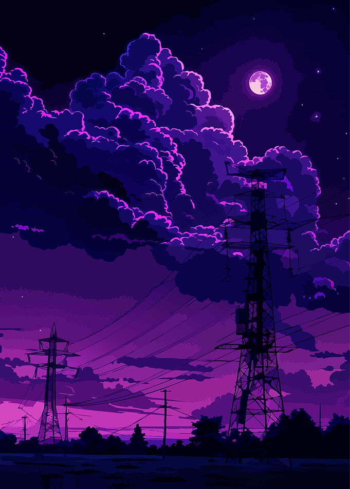 Purple Night Sky with Power Lines