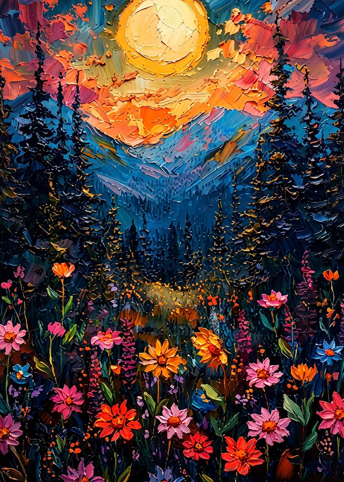 Forest Wildflower Moon Impasto Art