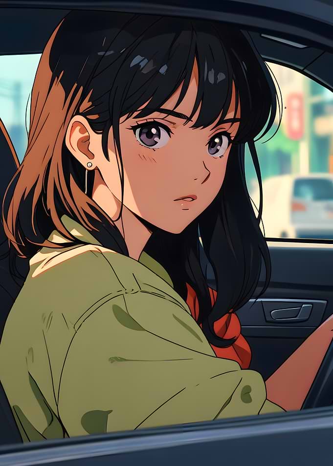 Retro Anime Girl Driving Car City Drive