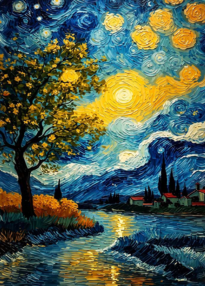 Starry Night River Impasto Oil Art
