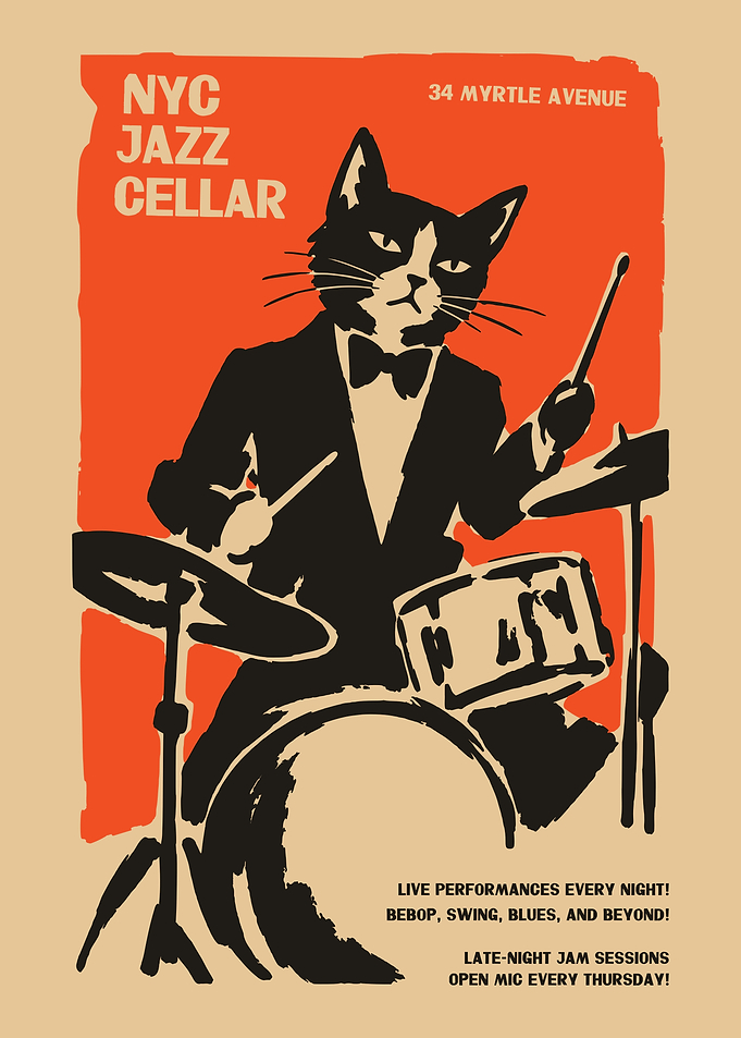 NYC Jazz Cellar Cat Drummer Poster