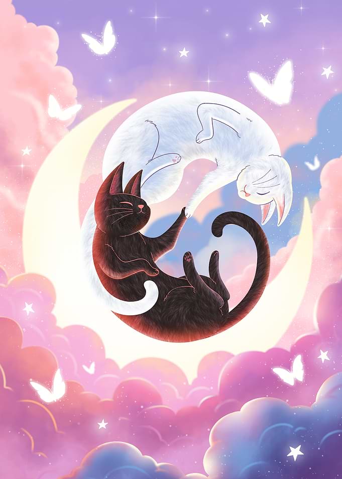 Yin Yang Cats on Crescent Moon