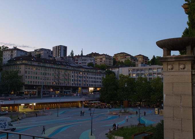 Lausanne Flon Evening City Square with Painted Ground