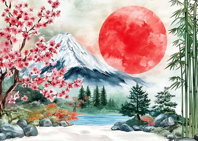 Watercolor Mount Fuji and Cherry Blossoms