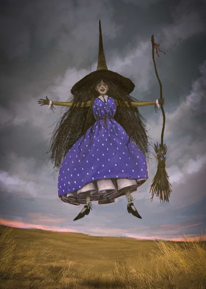 Witch Flying Over Golden Field