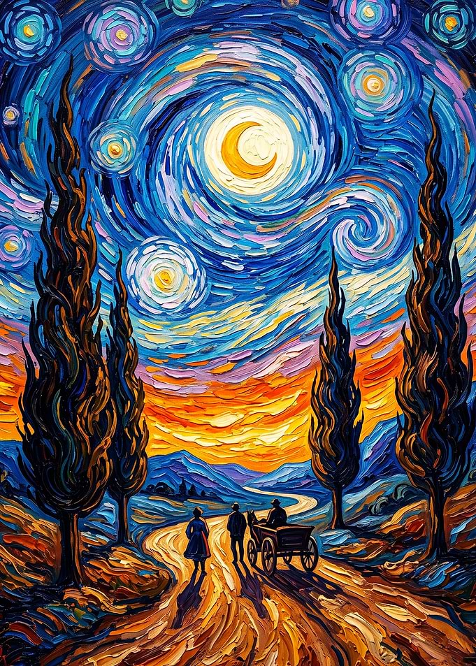 Starry Night Road Impasto Art Poste