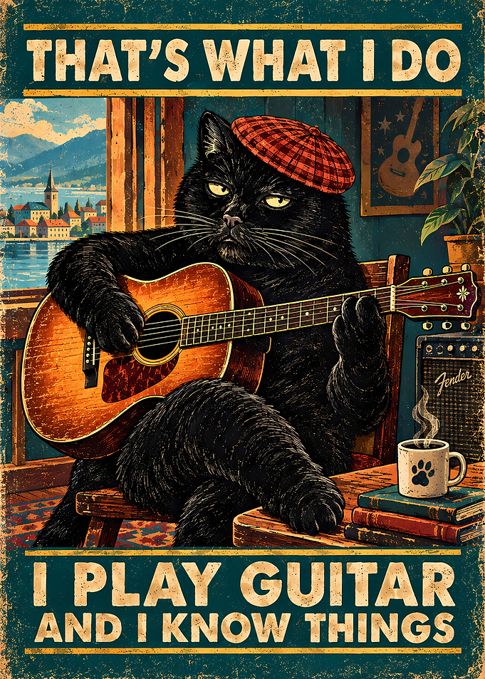 Black Cat Playing Guitar Vintage Poster