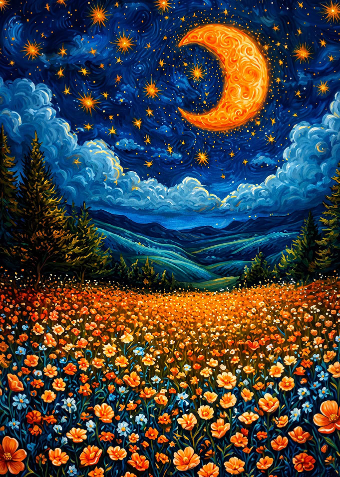 Starry Night Floral Moon Impasto Ar