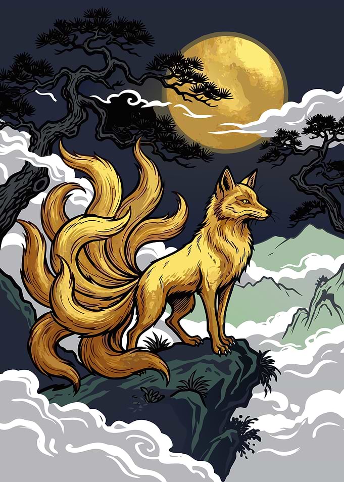 Nine-Tailed Fox Under Full Moon