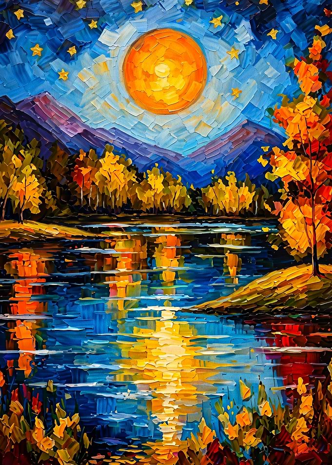 Autumn Moon Lake Impasto Art Poster