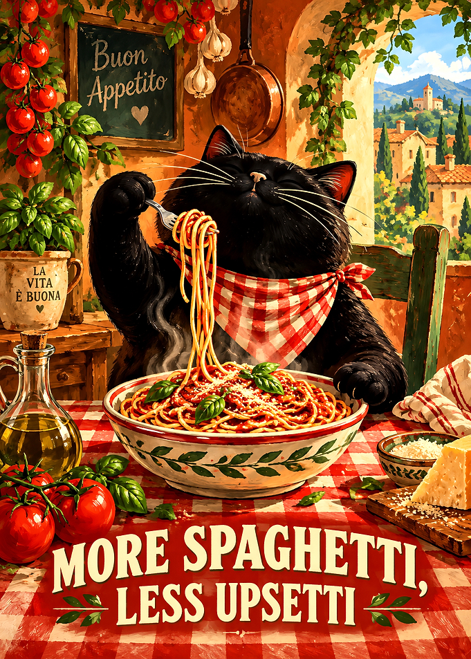 Black Cat Eating Spaghetti