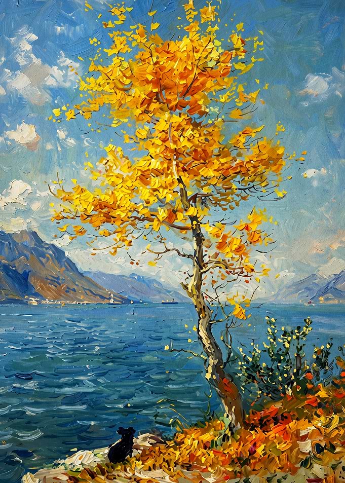 Autumn Tree Lake Impasto Oil Art