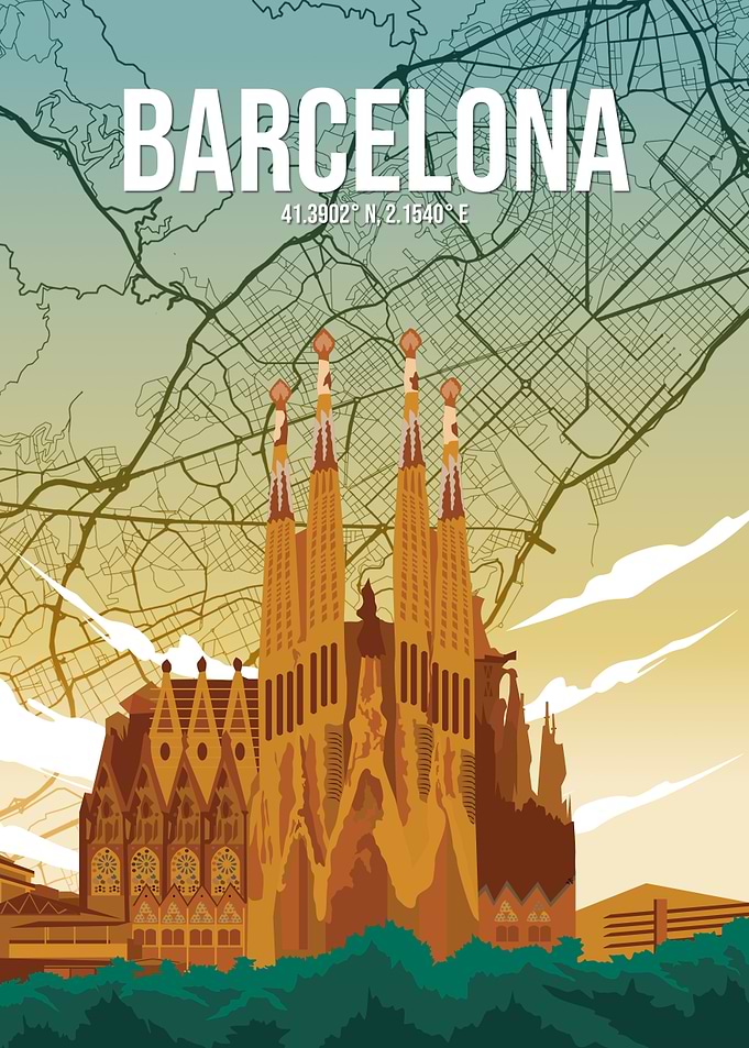 Barcelona Sagrada Família City Map Vintage Minimal Retro Travel Art