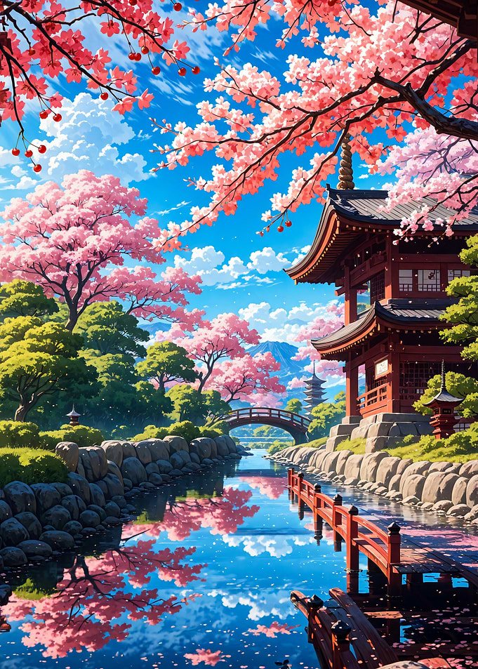 Traditional Japanese Temple in Spring Landscape
