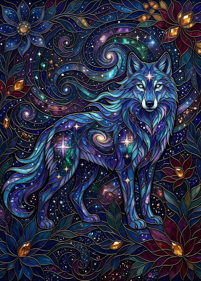 Stained Glass Cosmic Wolf Art