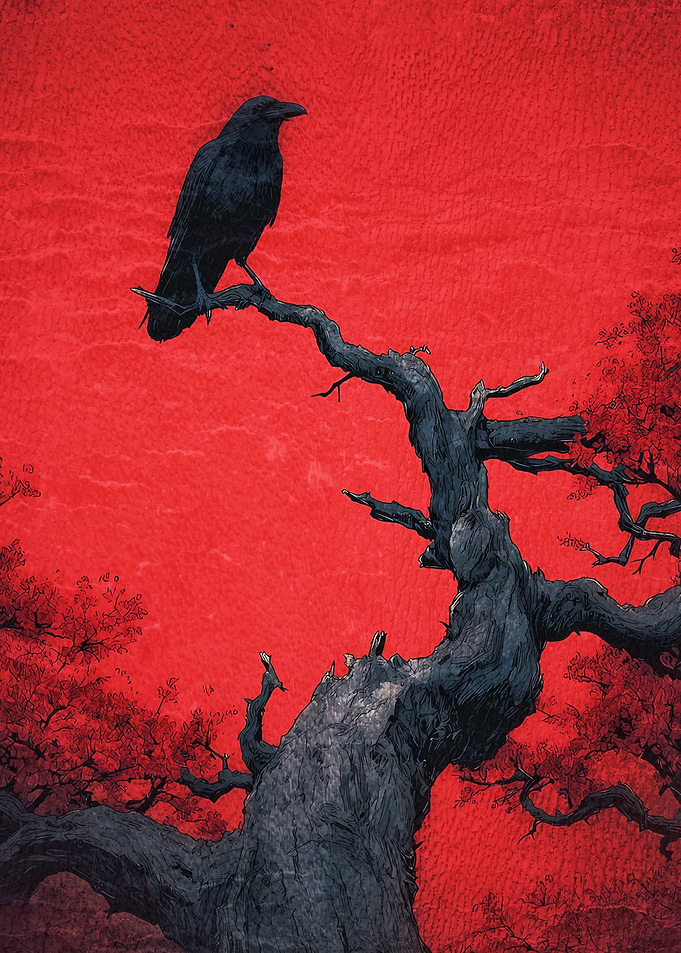 Black Raven on Gnarled Tree